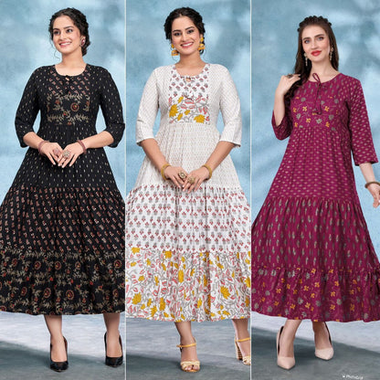_Long Full Flair and Layer Printed Gown in 3 colors Kurti shopindi.sg 