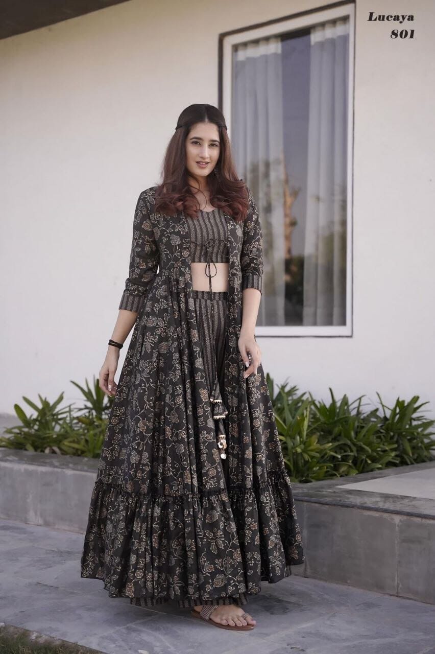 Lucaya 801 Fancy Wear Koti Style Indo-Western Suit of Printed Crop Top and Palazzo designer suits Shopin Di Apparels 