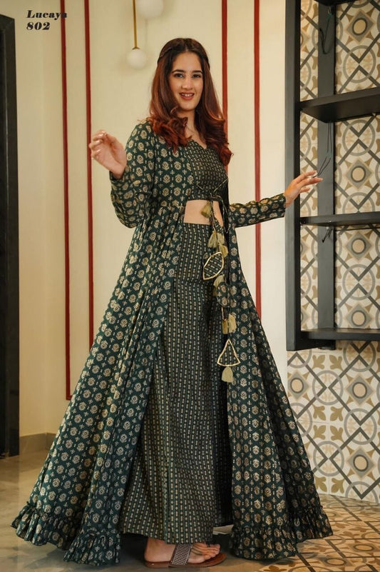 Lucaya 802 Fancy Wear Koti Style Indo-Western Suit of Printed Crop Top and Palazzo designer suits Shopin Di Apparels 