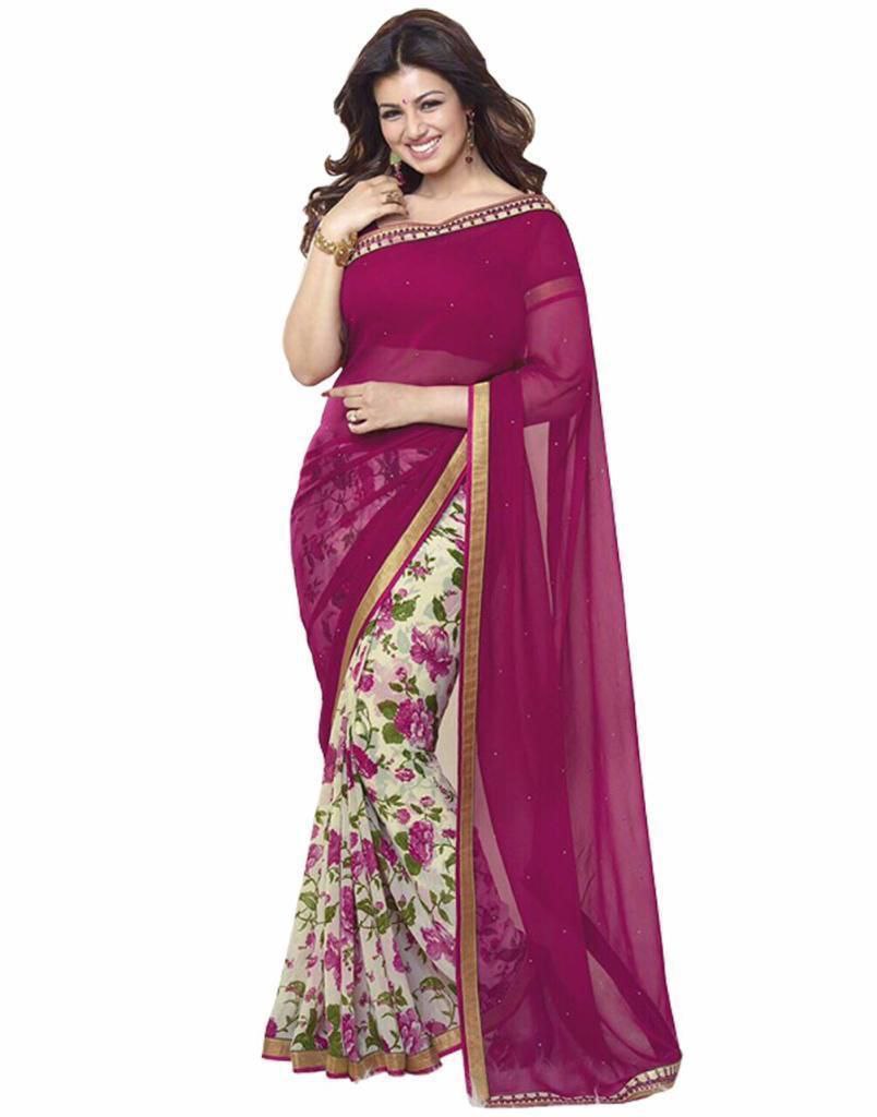 Majenta Pink Half Half Georgette Saree Saris & Lehengas Shopindiapparels.com 