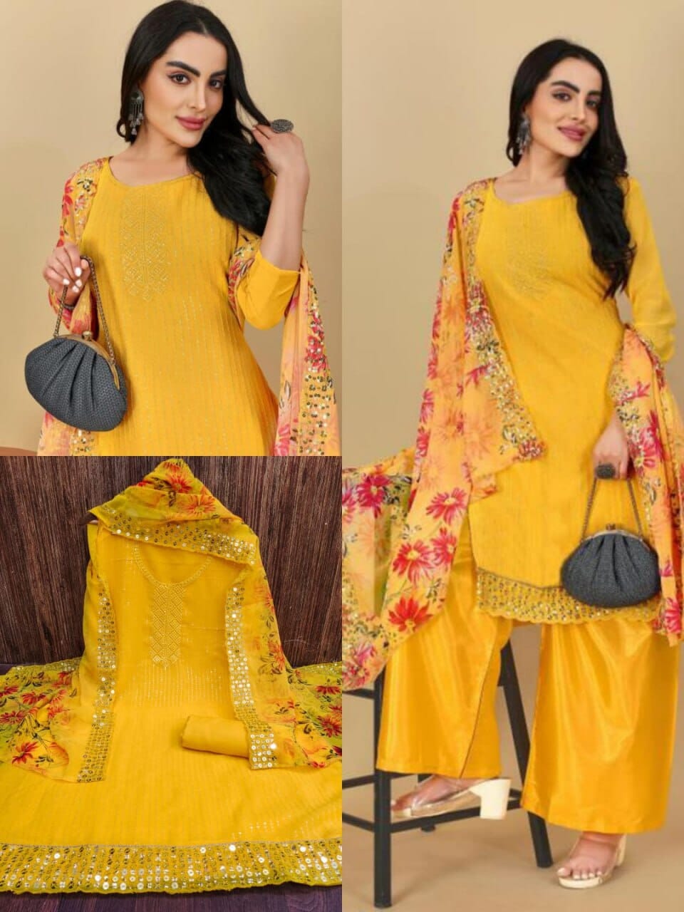 Mango Yellow Georgette Multi Sequence Work Designer Suit with Digital Print Dupatta Designer Suits Shopin Di Apparels 