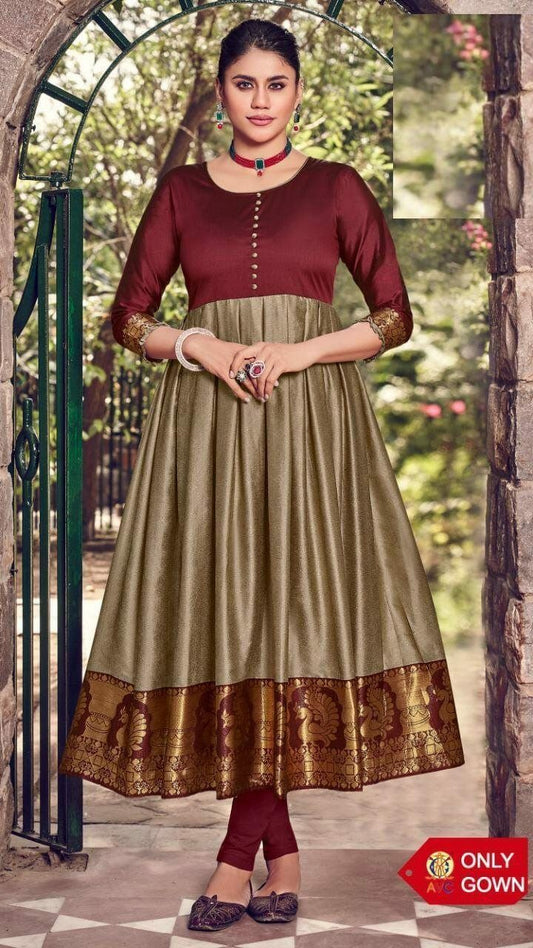 Maroon Designer Lichi Silk Jaquard Gown with creap inner Gowns Shopindiapparels.com 