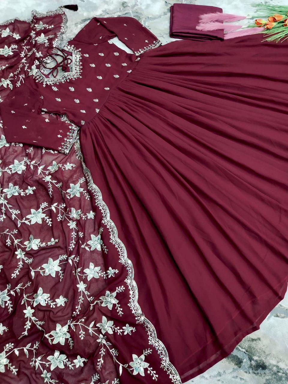 Maroon Georgette Designer Anarkali Gown With Heavy Embroidered Dupatta Gown shopindi.sg 