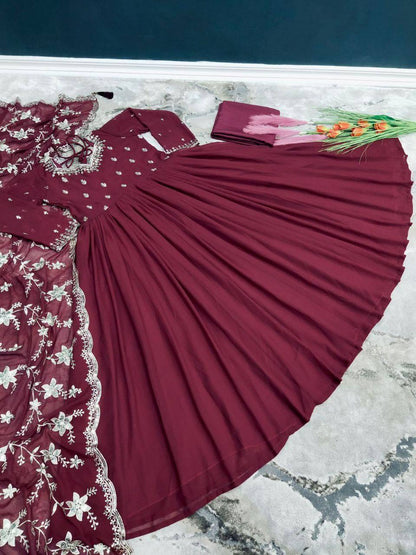 Maroon Georgette Designer Anarkali Gown With Heavy Embroidered Dupatta Gown shopindi.sg 