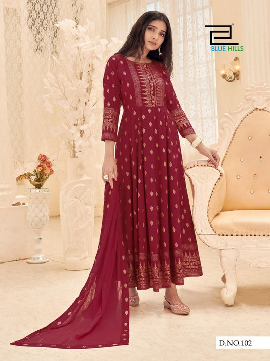 Maroon Rayon Gold Printed Anarkali with Dupatta Kurti & Dupatta Blue Hills