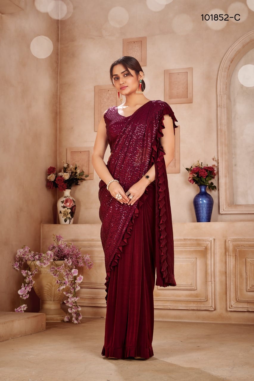 Maroon Zara Sequin Ready to wear Saree and Blouse Shopindiapparels.com 