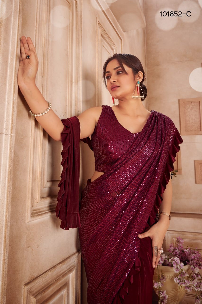 Maroon Zara Sequin Ready to wear Saree and Blouse Shopindiapparels.com 