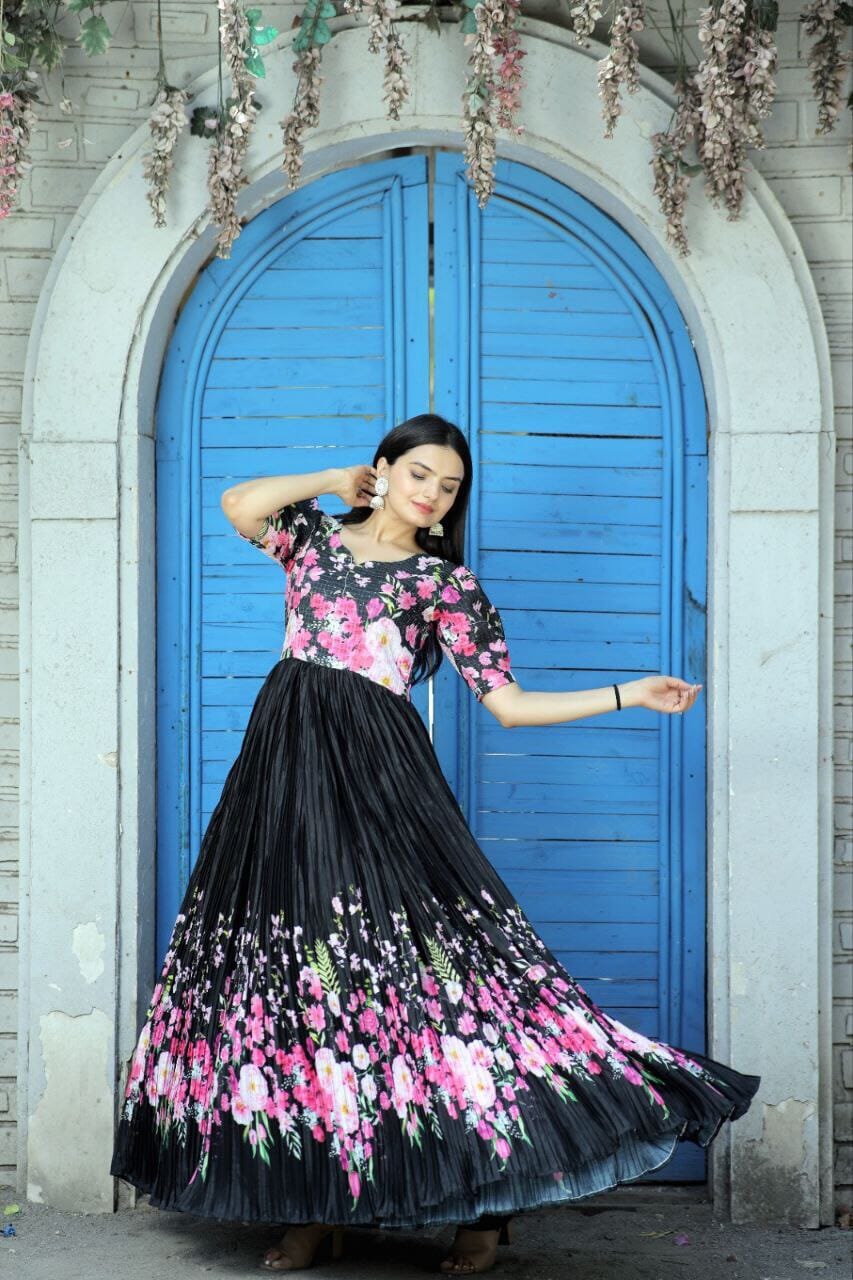 Maslin crochet Chinnon Floral Digital print Gown with Crush Pleating in 2 colors Designer Gown Shopin Di Apparels 