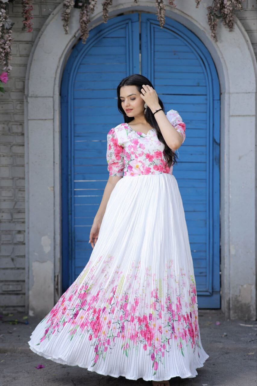 Maslin crochet Chinnon Floral Digital print Gown with Crush Pleating in 2 colors Designer Gown Shopin Di Apparels 