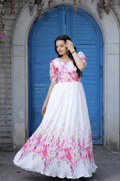 Maslin crochet Chinnon Floral Digital print Gown with Crush Pleating in 2 colors Designer Gown Shopin Di Apparels 