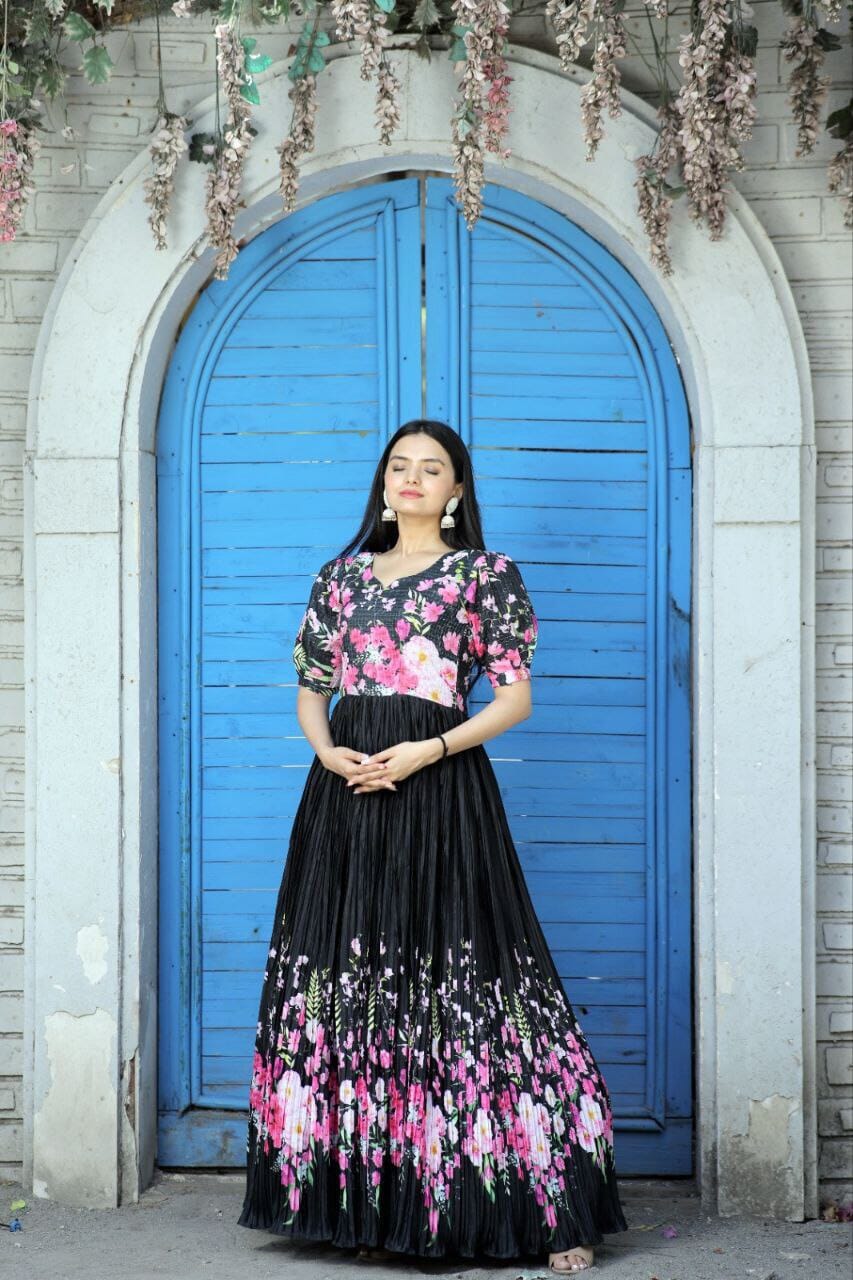 Maslin crochet Chinnon Floral Digital print Gown with Crush Pleating in 2 colors Designer Gown Shopin Di Apparels 