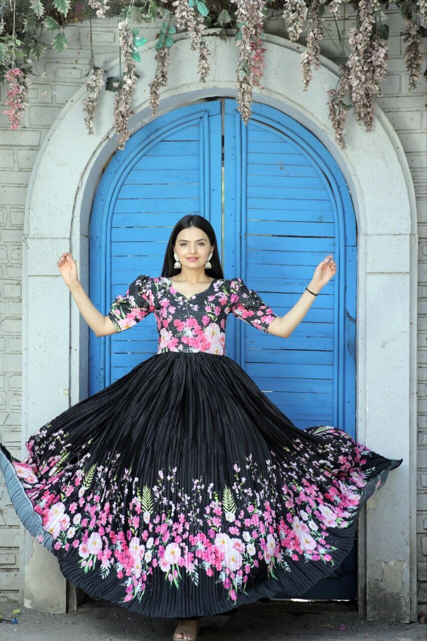 Maslin crochet Chinnon Floral Digital print Gown with Crush Pleating in 2 colors Designer Gown Shopin Di Apparels 