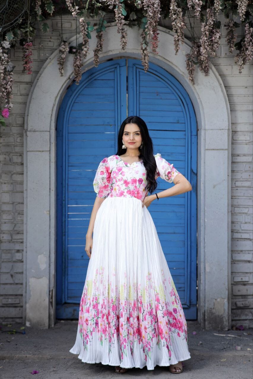Maslin crochet Chinnon Floral Digital print Gown with Crush Pleating in 2 colors Designer Gown Shopin Di Apparels 