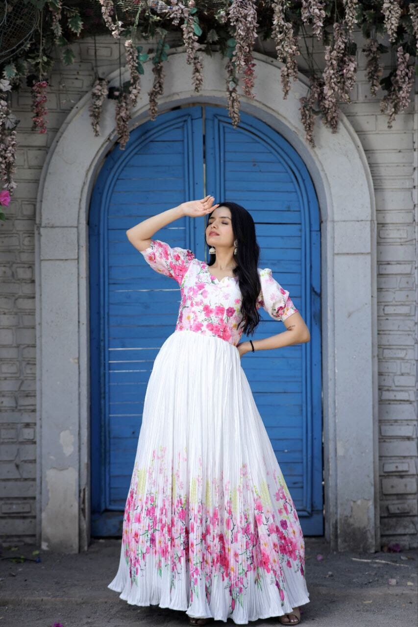 Maslin crochet Chinnon Floral Digital print Gown with Crush Pleating in 2 colors Designer Gown Shopin Di Apparels 