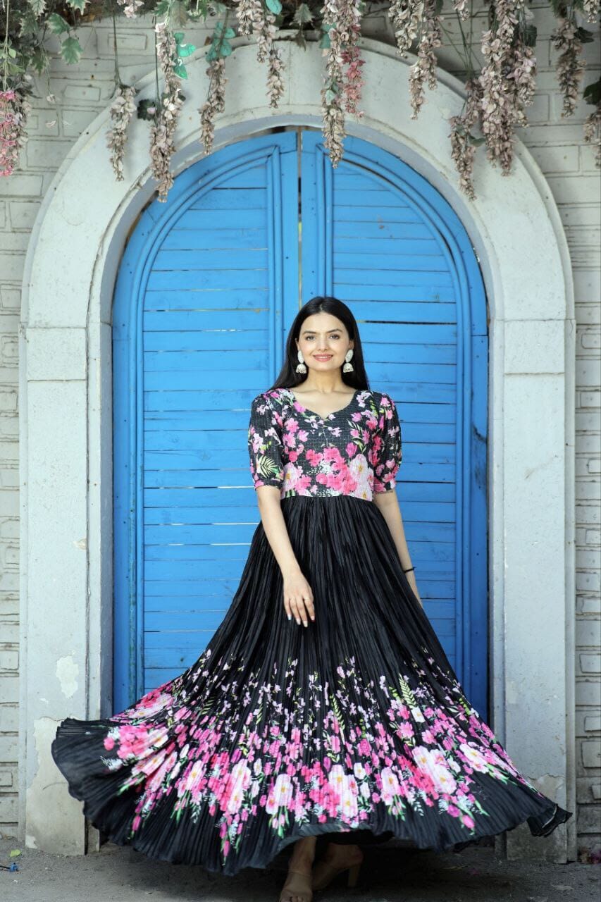 Maslin crochet Chinnon Floral Digital print Gown with Crush Pleating in 2 colors Designer Gown Shopin Di Apparels 