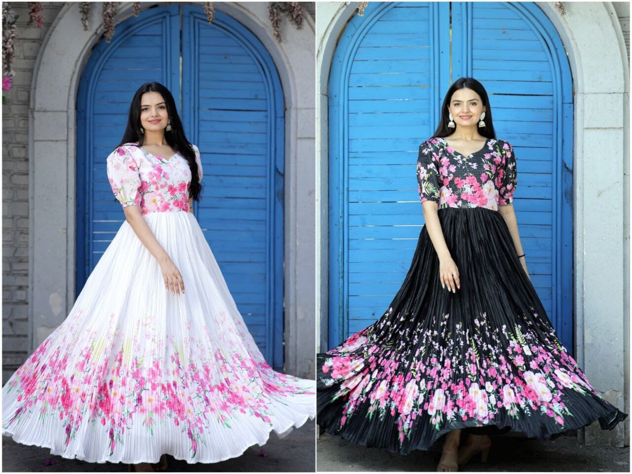 Maslin crochet Chinnon Floral Digital print Gown with Crush Pleating in 2 colors Designer Gown Shopin Di Apparels 