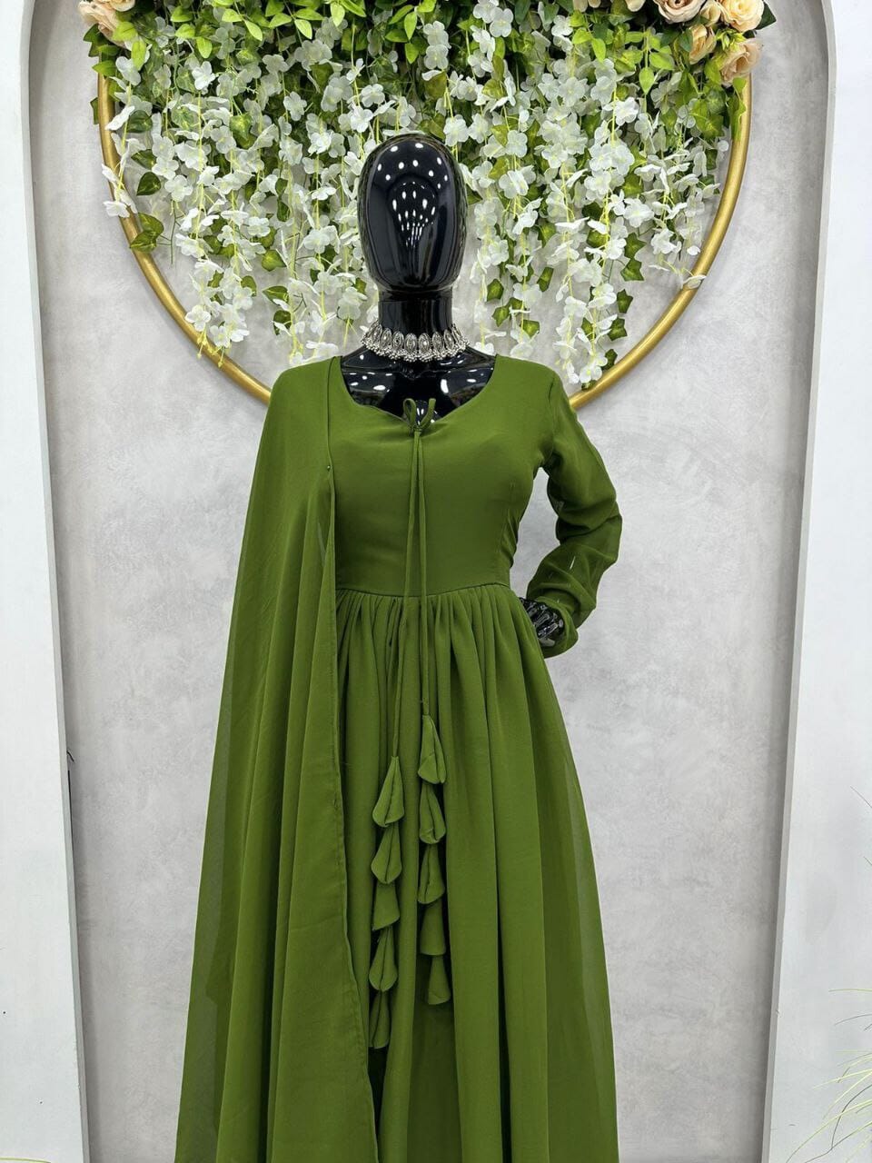 Mehendi Green Designer Faux Georgette Gown with Dupatta Gown with Dupatta Shopin Di Apparels 