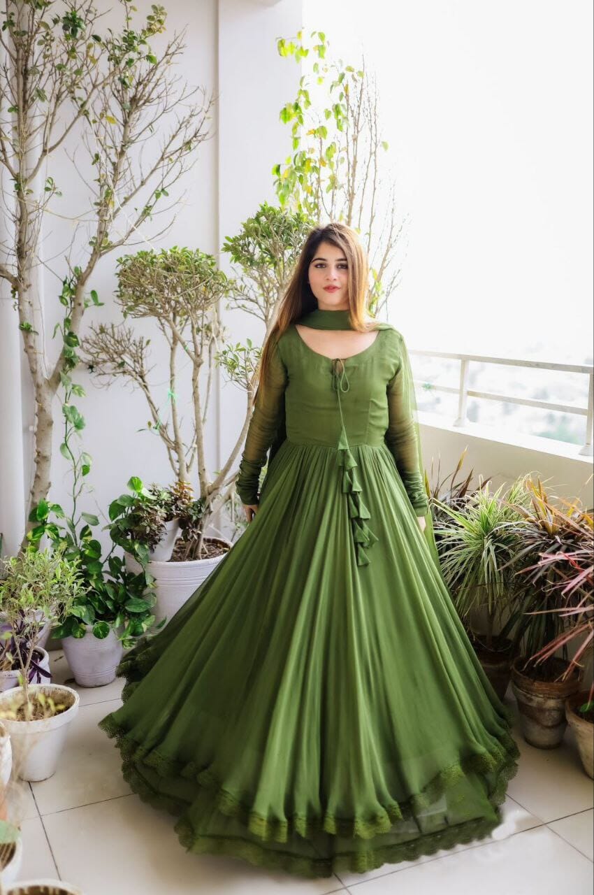 Mehendi Green Designer Faux Georgette Gown with Dupatta Gown with Dupatta Shopin Di Apparels 