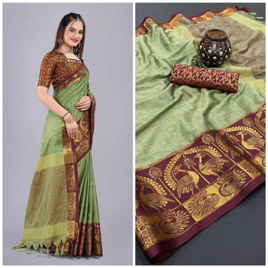 Mint Green Pink Cotton Silk Saree with Jacquard Blouse Silk Cotton Saree Shopin Di Apparels 