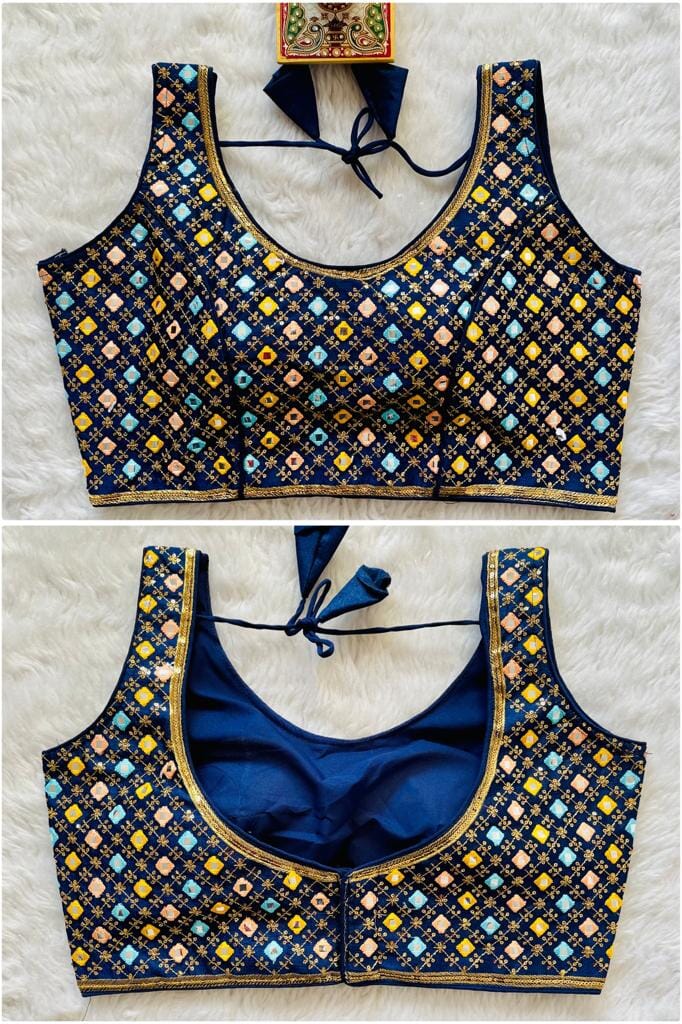 Mirror Work Sequence Readymade Blouse in 13 colors Readymade Blouse Shopindiapparels.com Navy Blue 
