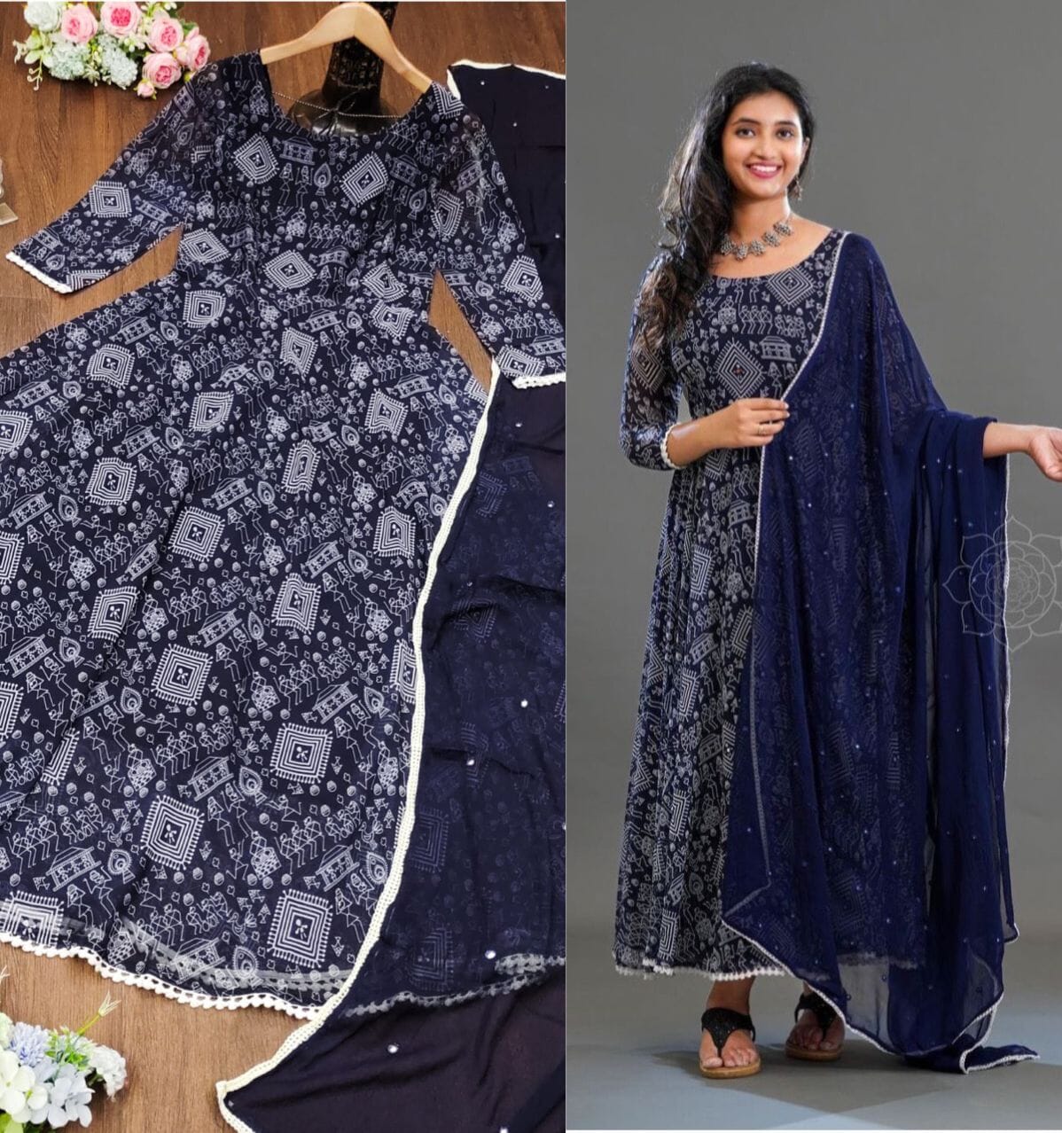 Mural Print Fox Georgette Gown with Dupatta in 4 colors Gown shopindi.sg 