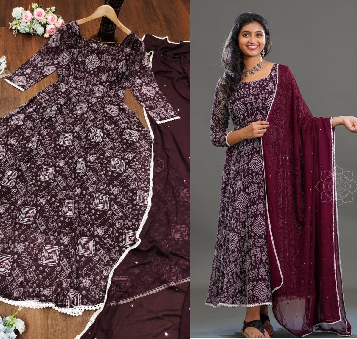 Mural Print Fox Georgette Gown with Dupatta in 4 colors Gown shopindi.sg 