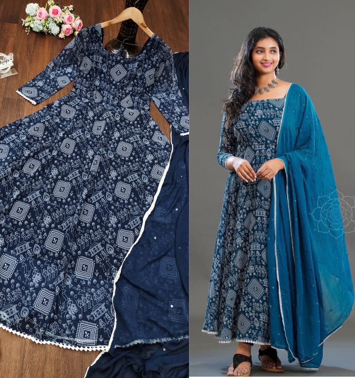 Mural Print Fox Georgette Gown with Dupatta in 4 colors Gown shopindi.sg 