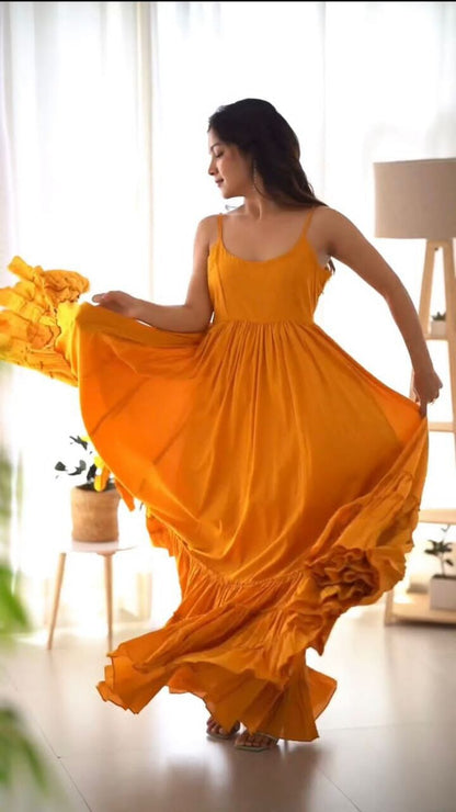 Mustard Chinon Silk Lace Border Plain Gown Designer Gowns Shopin Di Apparels 