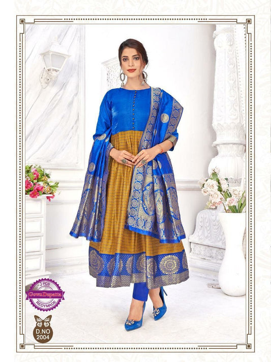 Mustard Designer Silk Gown with Banarasi Dupatta Gowns Shopindiapparels.com 