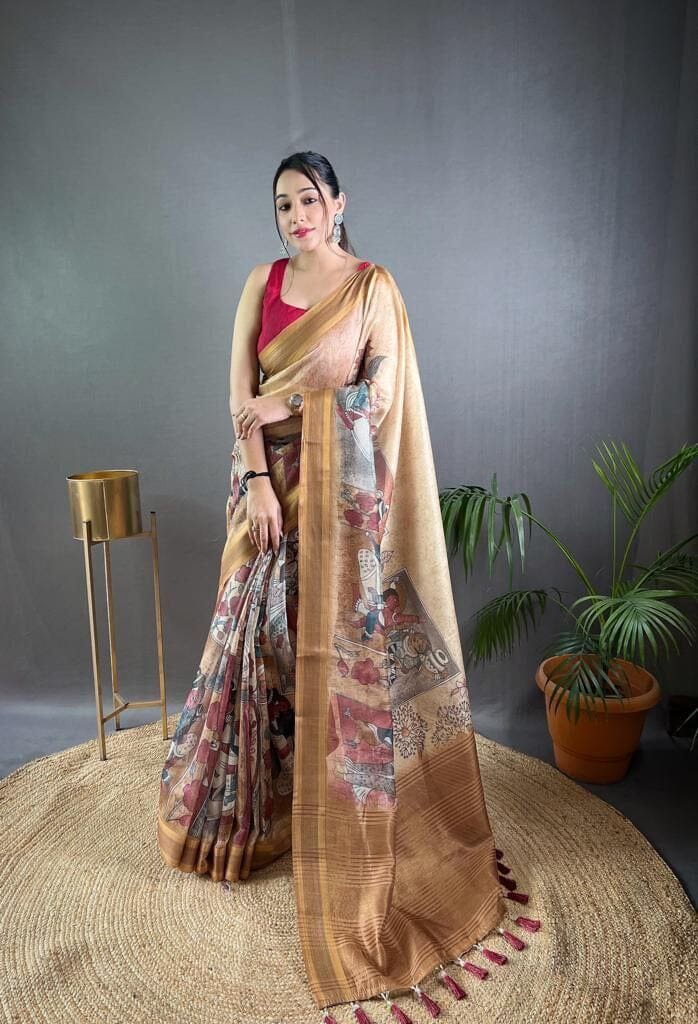 Mustard Soft Kashmiri Pashmina silk weaving saree with Kalamkari Digital print Shopin Di Apparels 