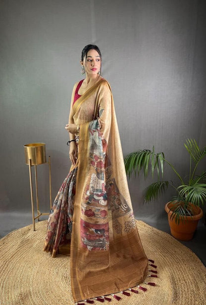 Mustard Soft Kashmiri Pashmina silk weaving saree with Kalamkari Digital print Shopin Di Apparels 