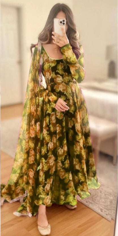 Mustard Yellow Georgette Gown with Floral Digital Printed Dupatta in all sizes up to 7XL Gown with Dupatta Shopindiapparels.com 