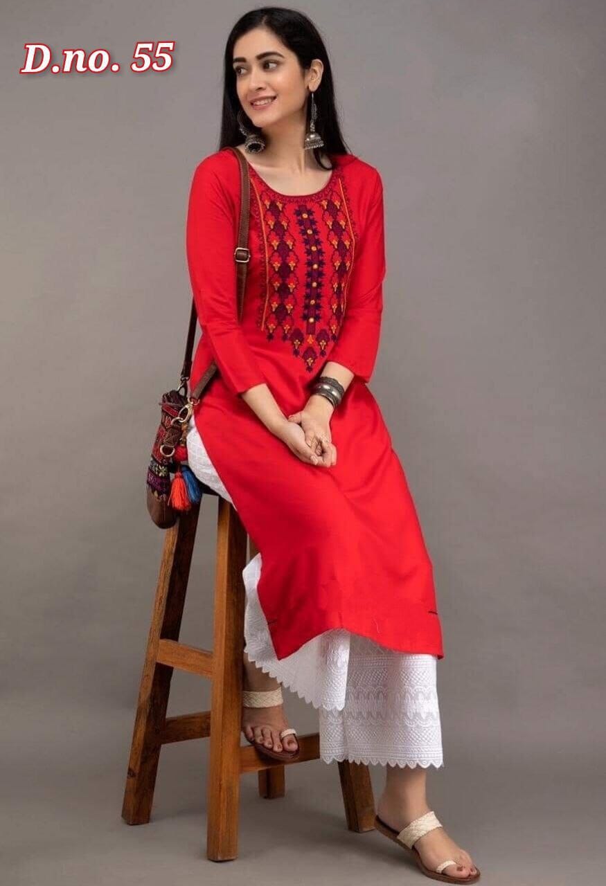 MV 55 Red Reyon Embroidered Kurti with Chikan Plazzo Kurti with Plazzo shopindi.sg 