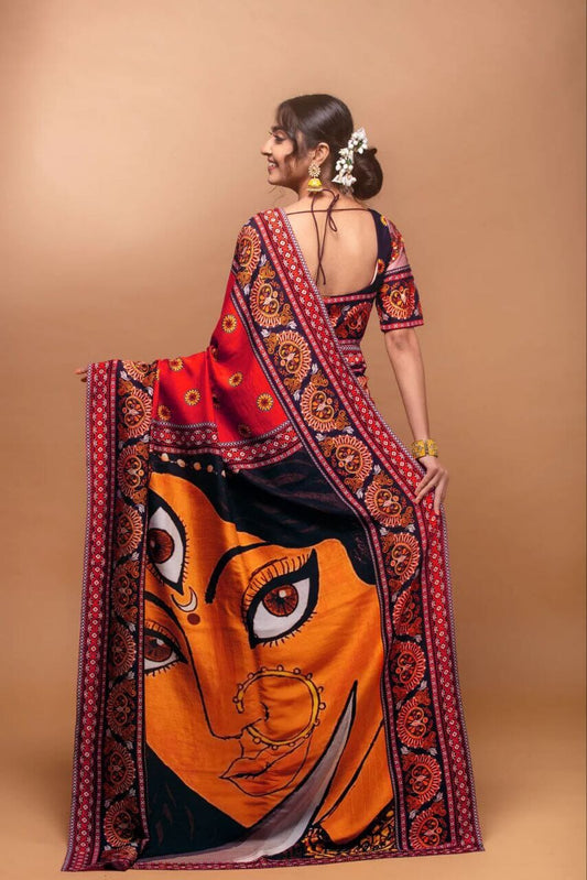Navratri Saree Red Crepe Silk with Digital Print of Goddess (Copy) Designer Saree Shopin Di Apparels 