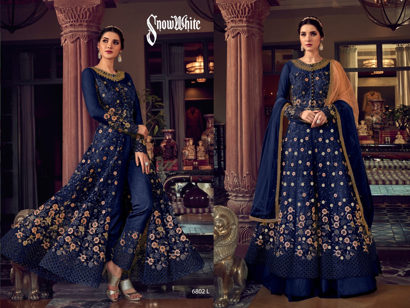 Navy Blue Butterfly Net Designer Suit with Skirt and Embroidered Pants Designer Suits Shopin Di Apparels 