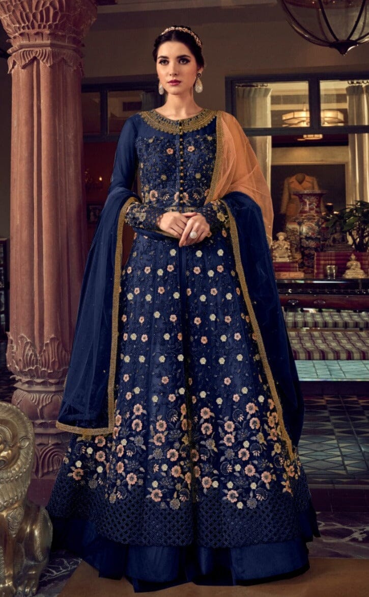 Navy Blue Butterfly Net Designer Suit with Skirt and Embroidered Pants Designer Suits Shopin Di Apparels 