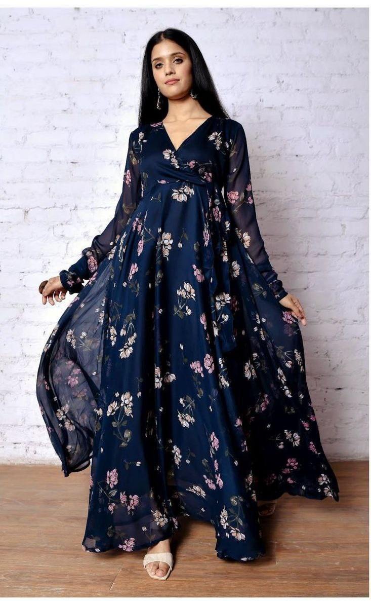 Navy Blue Floral Printed Georgette Gown Gown shopindi.sg 