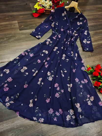 Navy Blue Floral Printed Georgette Gown Gown shopindi.sg 