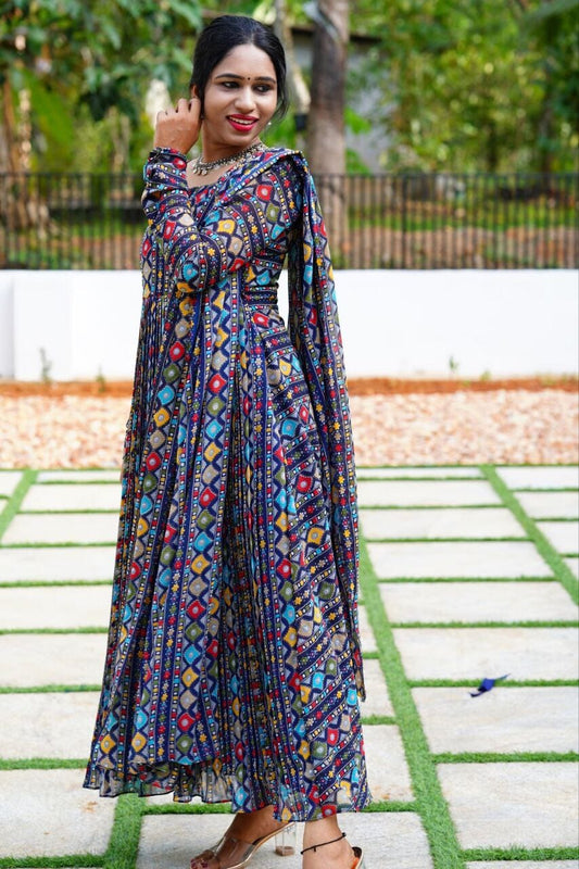 Navy Blue Georgette Digital Printed Gown with Dupatta Gown with Dupatta Shopindiapparels.com 