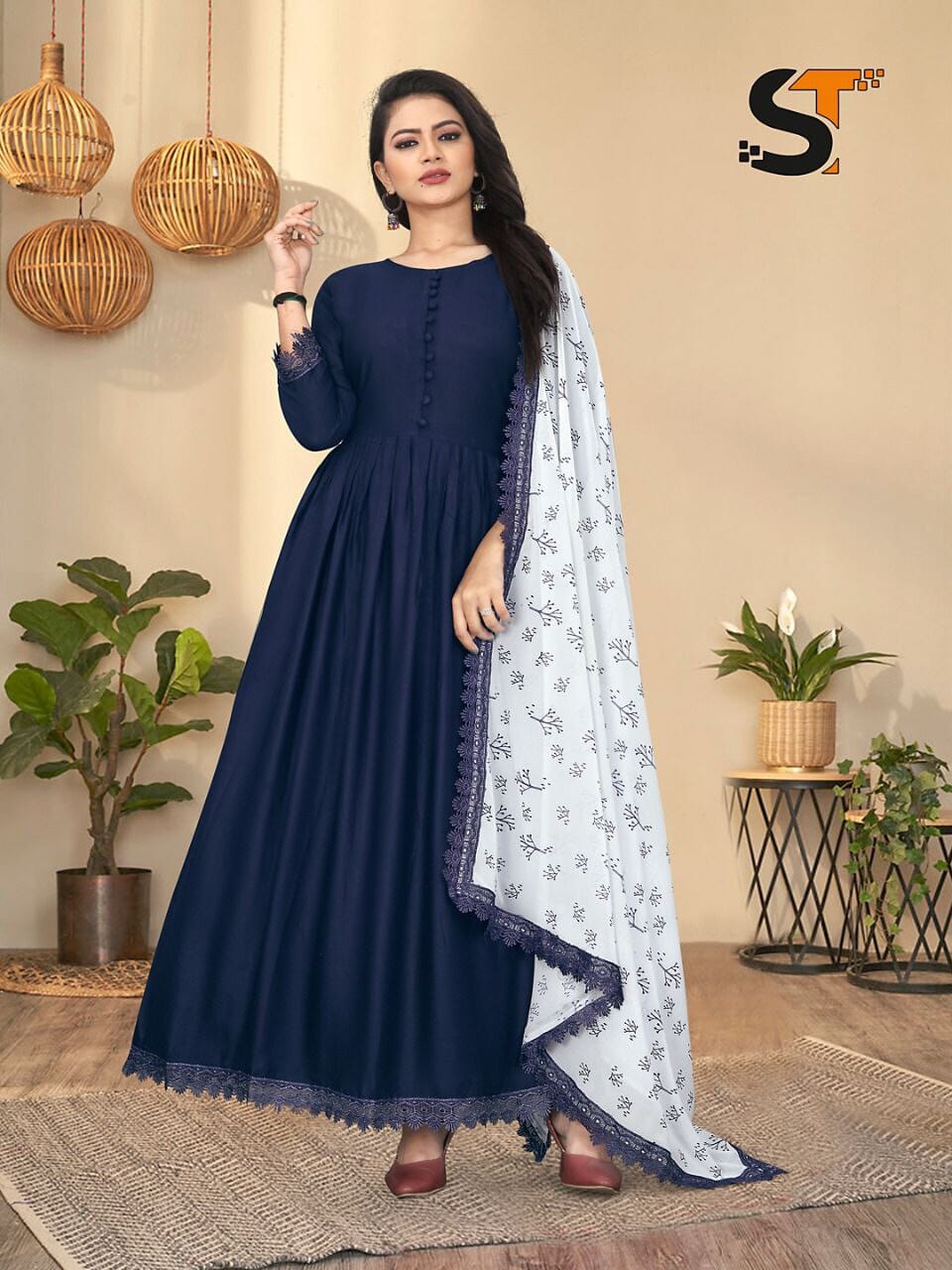 Navy Blue Heavy Rayon Gown with Geogette Dupatta shopindi.sg 