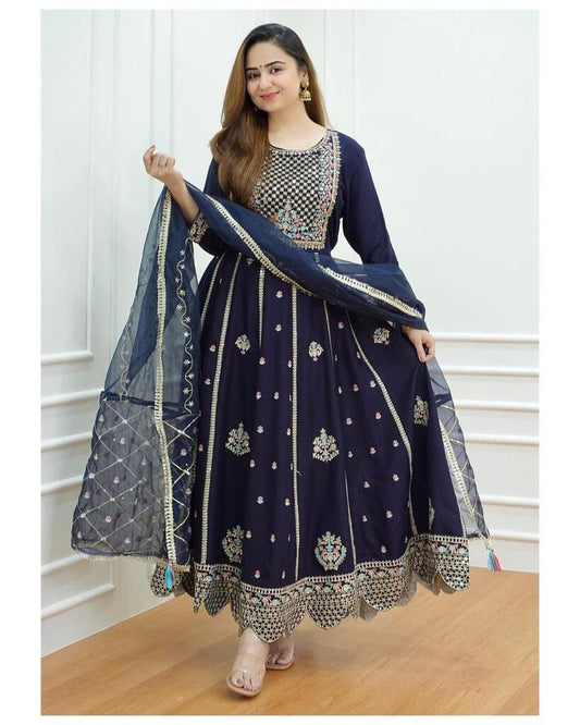 Navy Blue Sequence Work Gown with Dupatta and Plazzo Gown with Dupatta Shopin Di Apparels 