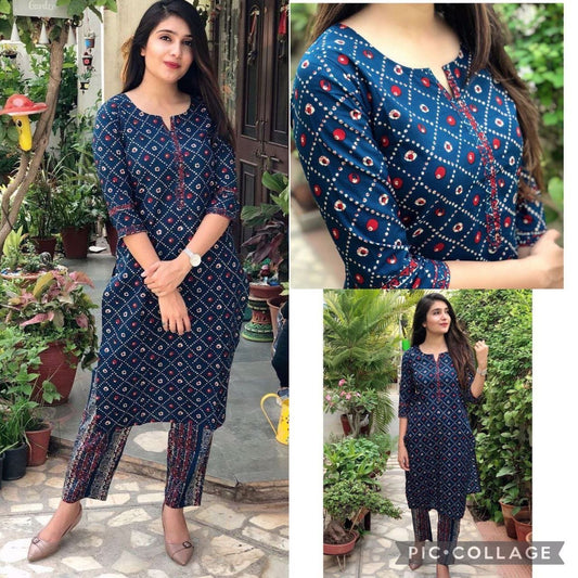 Navy Blue Superhit Cotton with Digital Printed Kurti and Pant Kurti with Pant Shopindiapparels.com 