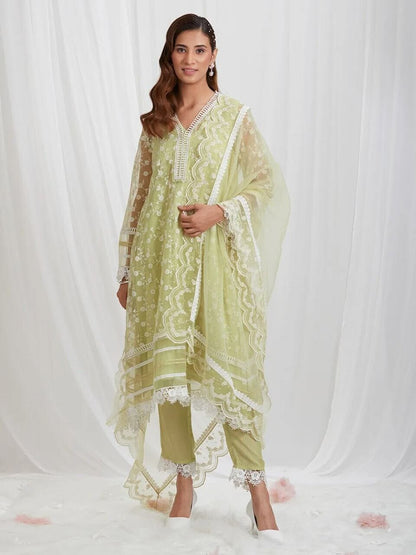 Neon Green Organza Silk Designer Suit with Lace work Designer Suits shopindi.sg 