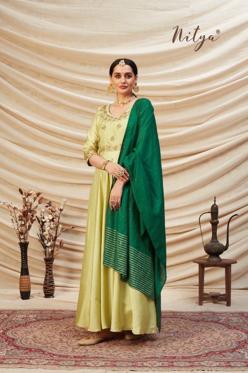 Nitya Satin Silk Embroidered Gown with Dupatta Gowns Shopindiapparels.com 