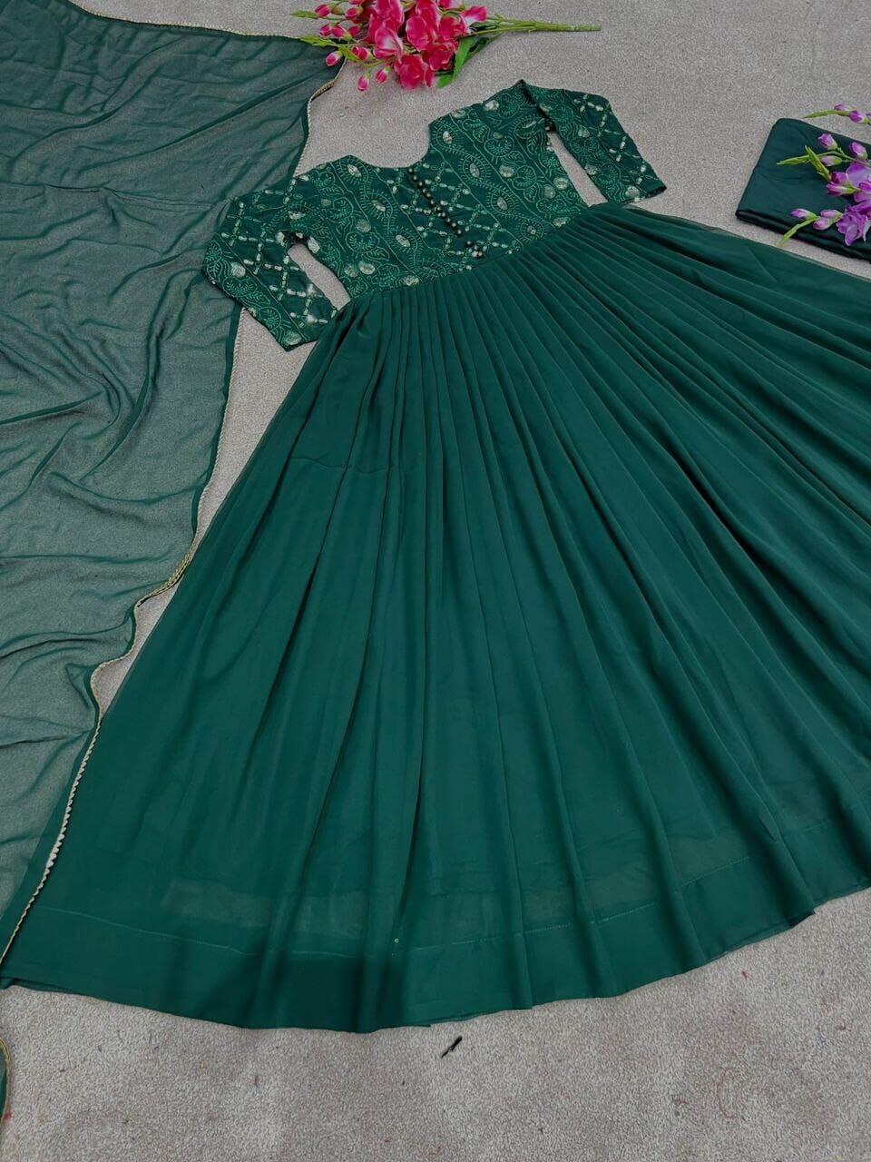 NSR 702 Green Party Wear Gown with Dupatta Gown shopindi.sg 