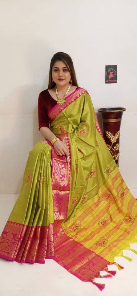Olive Green Cotton Silk Saree with Embroidery Work Silk Cotton Saree Shopindiapparels.com 
