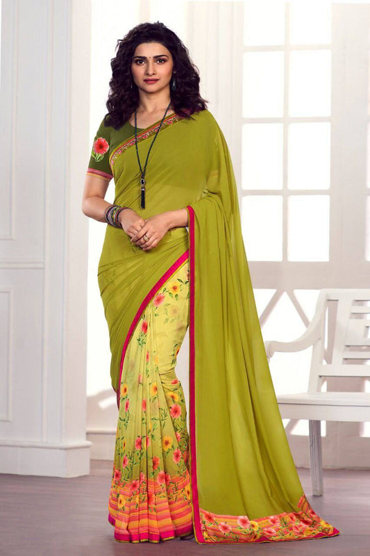 Olive Green Heavy Georgette Silk Half Half Saree Designer Saree Shopindiapparels.com 