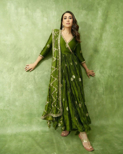 Olive Green Satin Silk Designer Anarkali Suit Designer Suits shopindi.sg 