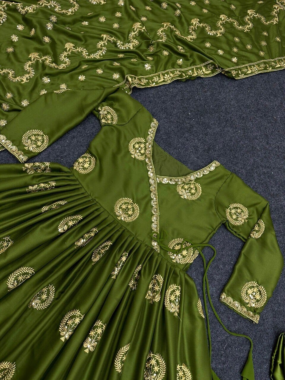 Olive Green Satin Silk Designer Anarkali Suit Designer Suits shopindi.sg 