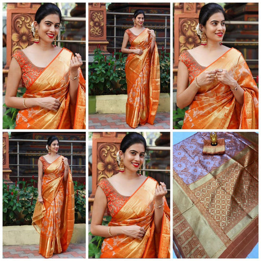 Orange Banarasi Lichi Silk Saree Shopindiapparels.com 